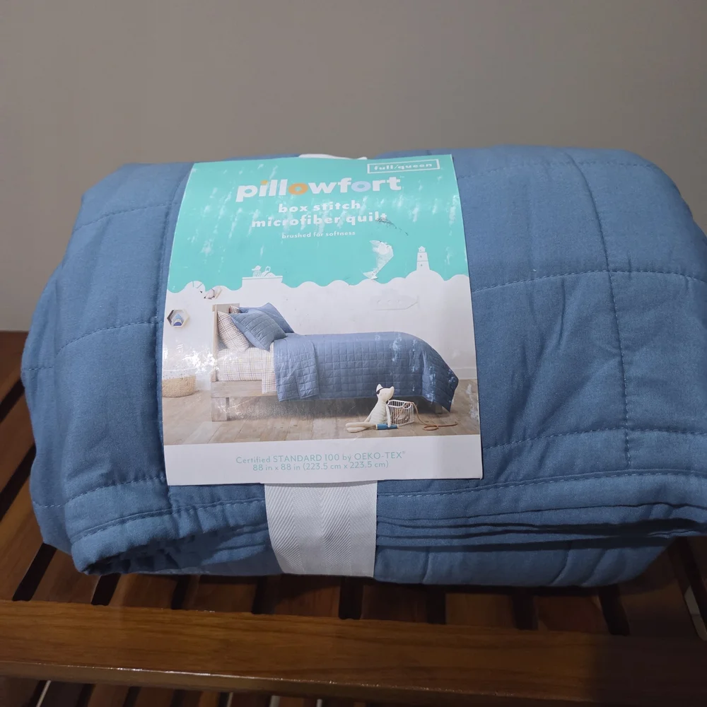Full/Queen Box Stitch Microfiber Kids' Quilt Pink, Blue, Navy (New)